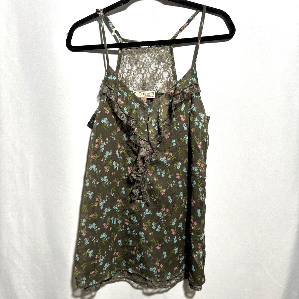 Olive Green Floral Ruffle Lace‎ Fairy Grunge Cami Racerback Tank Top Cottage L